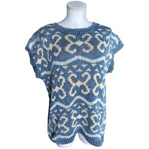 Vintage Knit Floral Golf Short Sleeve Sweater Shirt butter yellow & blue - XL